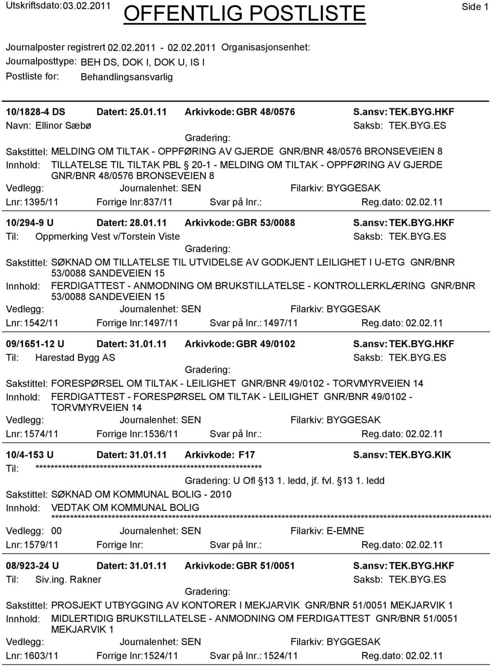 ES Sakstittel: MELDING OM TILTAK - OPPFØRING AV GJERDE GNR/BNR 48/0576 BRONSEVEIEN 8 Innhold: TILLATELSE TIL TILTAK PBL 20-1 - MELDING OM TILTAK - OPPFØRING AV GJERDE GNR/BNR 48/0576 BRONSEVEIEN 8