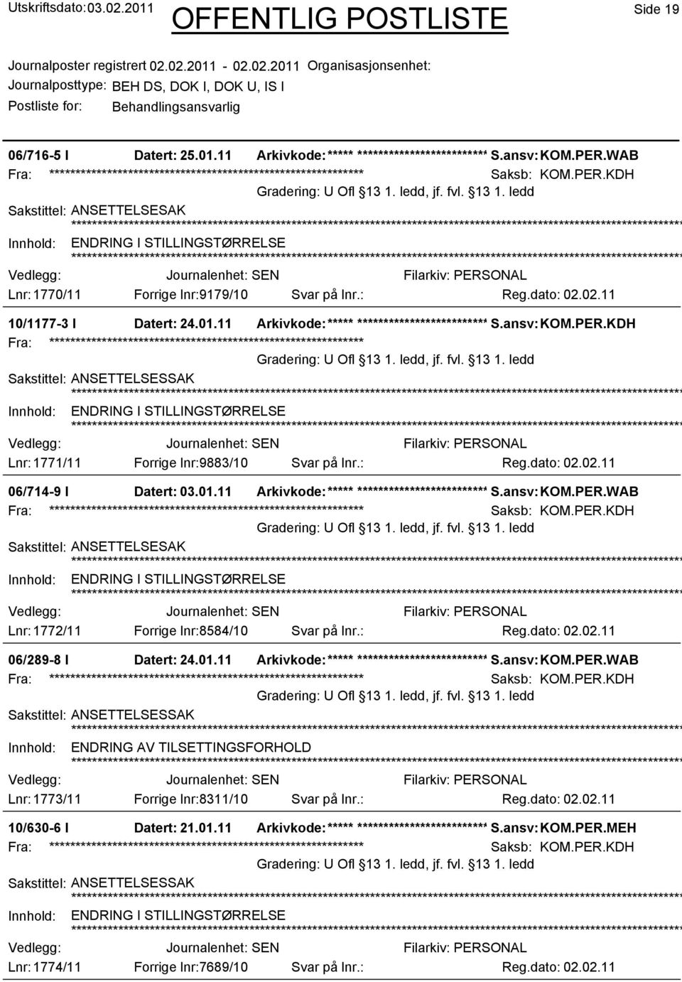 11 Arkivkode:***** ************************* S.ansv: KOM.PER.KDH Innhold: ENDRING I STILLINGSTØRRELSE Lnr: 1771/11 Forrige lnr:9883/10 Svar på lnr.: Reg.dato: 02.02.11 06/714-9 I Datert: 03.01.