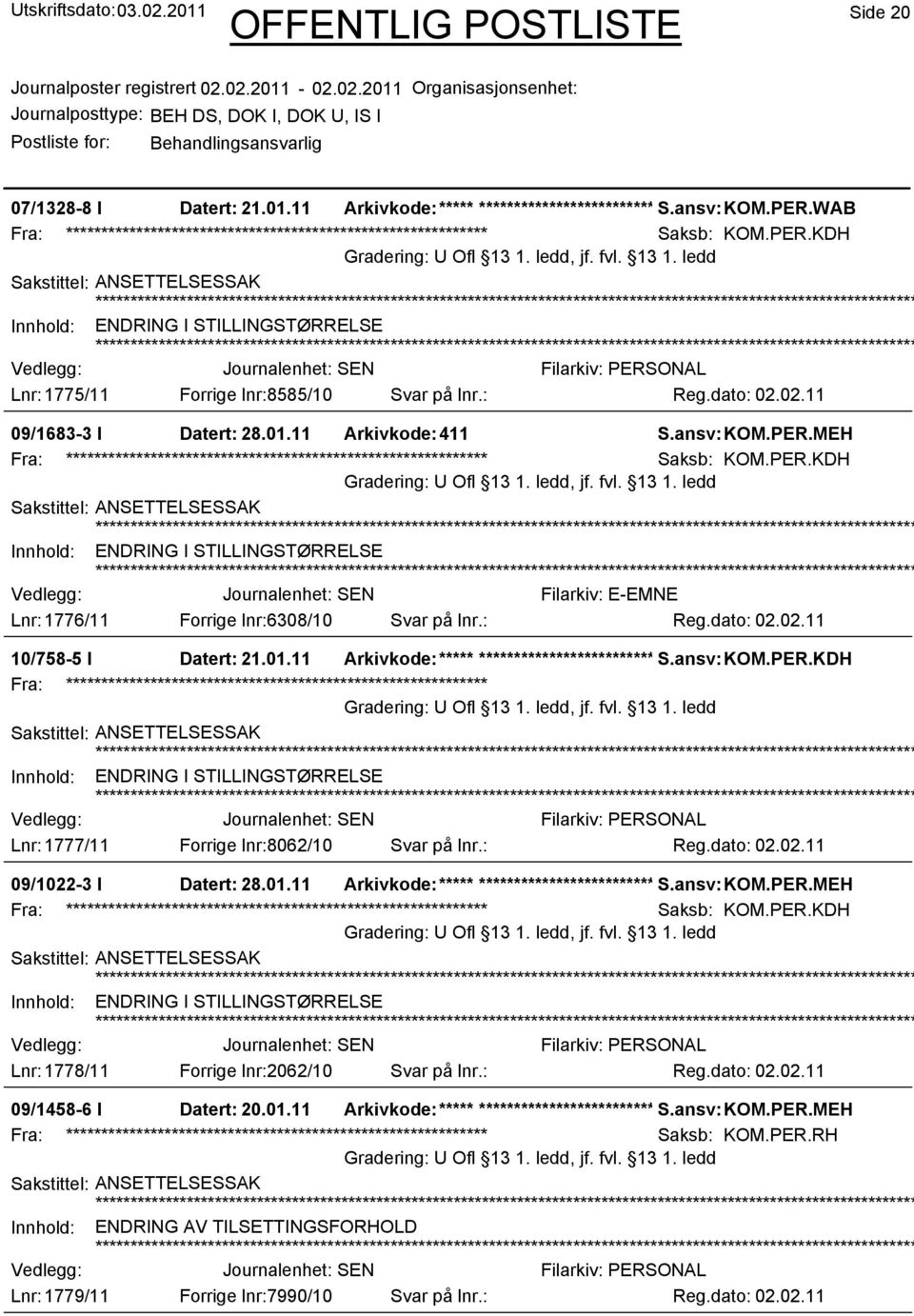 01.11 Arkivkode:***** ************************* S.ansv: KOM.PER.KDH Innhold: ENDRING I STILLINGSTØRRELSE Lnr: 1777/11 Forrige lnr:8062/10 Svar på lnr.: Reg.dato: 02.02.11 09/1022-3 I Datert: 28.01.11 Arkivkode:***** ************************* S.ansv: KOM.PER.MEH Saksb: KOM.