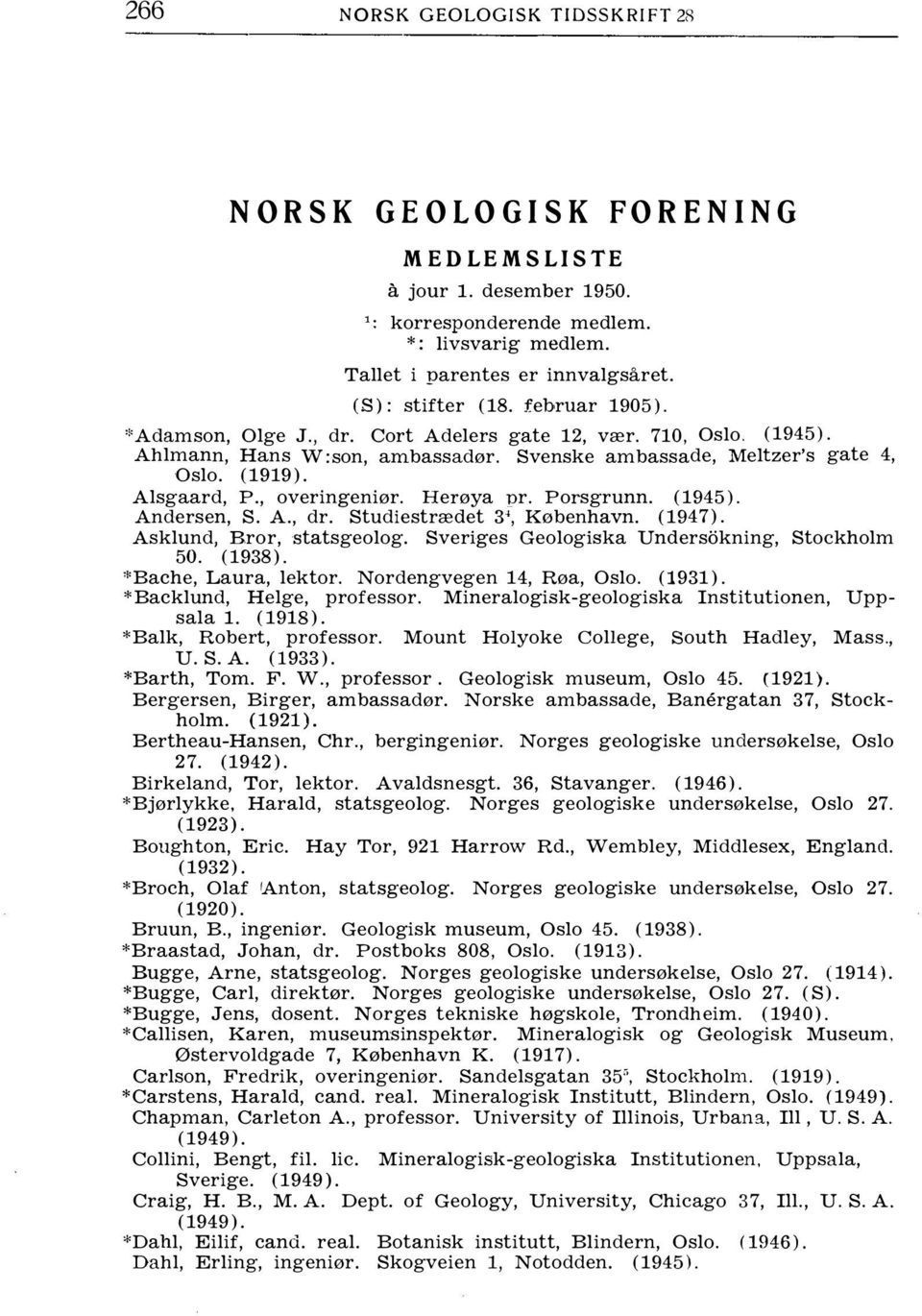 Herøya pr. Porsgrunn. (1945). Andersen, S. A., dr. Studiestrædet 3\ København. Asklund, Bror, statsgeolog. Sveriges Geologiska Undersokning, Stockholm 50. (1938). *Bache, Laura, lektor.