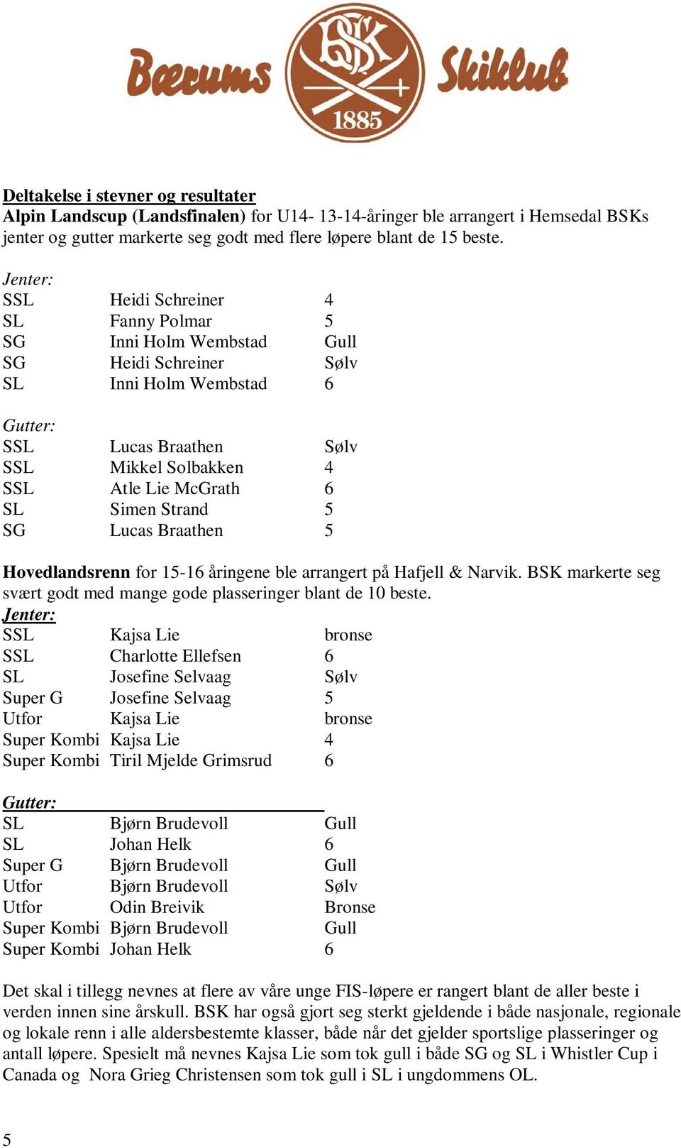 6 SL Simen Strand 5 SG Lucas Braathen 5 Hovedlandsrenn for 15-16 åringene ble arrangert på Hafjell & Narvik. BSK markerte seg svært godt med mange gode plasseringer blant de 10 beste.