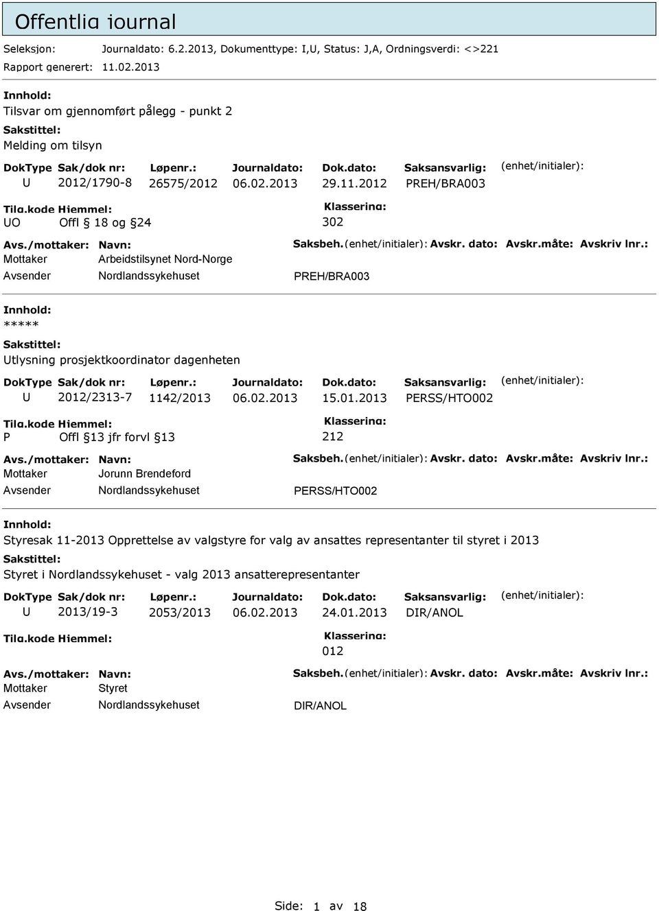 : Mottaker Arbeidstilsynet Nord-Norge REH/BRA003 tlysning prosjektkoordinator dagenheten 2012/2313-7 1142/2013 15.01.2013 ERSS/HTO002 Avs./mottaker: Navn: Saksbeh. Avskr. dato: Avskr.