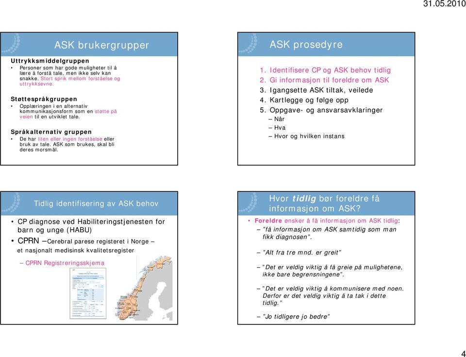 ASK som brukes, skal bli deres morsmål. ASK prosedyre 1. Identifisere CP og ASK behov tidlig 2. Gi informasjon til foreldre om ASK 3. Igangsette ASK tiltak, veilede 4. Kartlegge og følge opp 5.