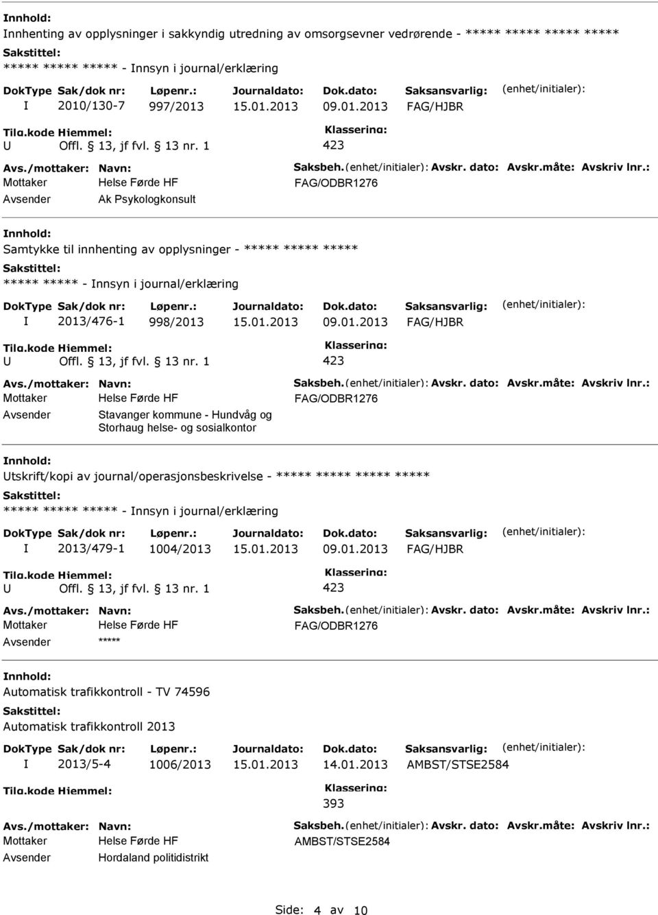 : Avsender Stavanger kommune - Hundvåg og Storhaug helse- og sosialkontor nnhold: tskrift/kopi av journal/operasjonsbeskrivelse - - nnsyn i journal/erklæring 2013/479-1 1004/2013 Avs.