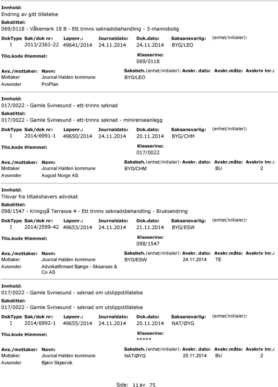 2014 BYG/CHM 017/0022 Avs./mottaker: Navn: Saksbeh. Avskr. dato: Avskr.måte: Avskriv lnr.