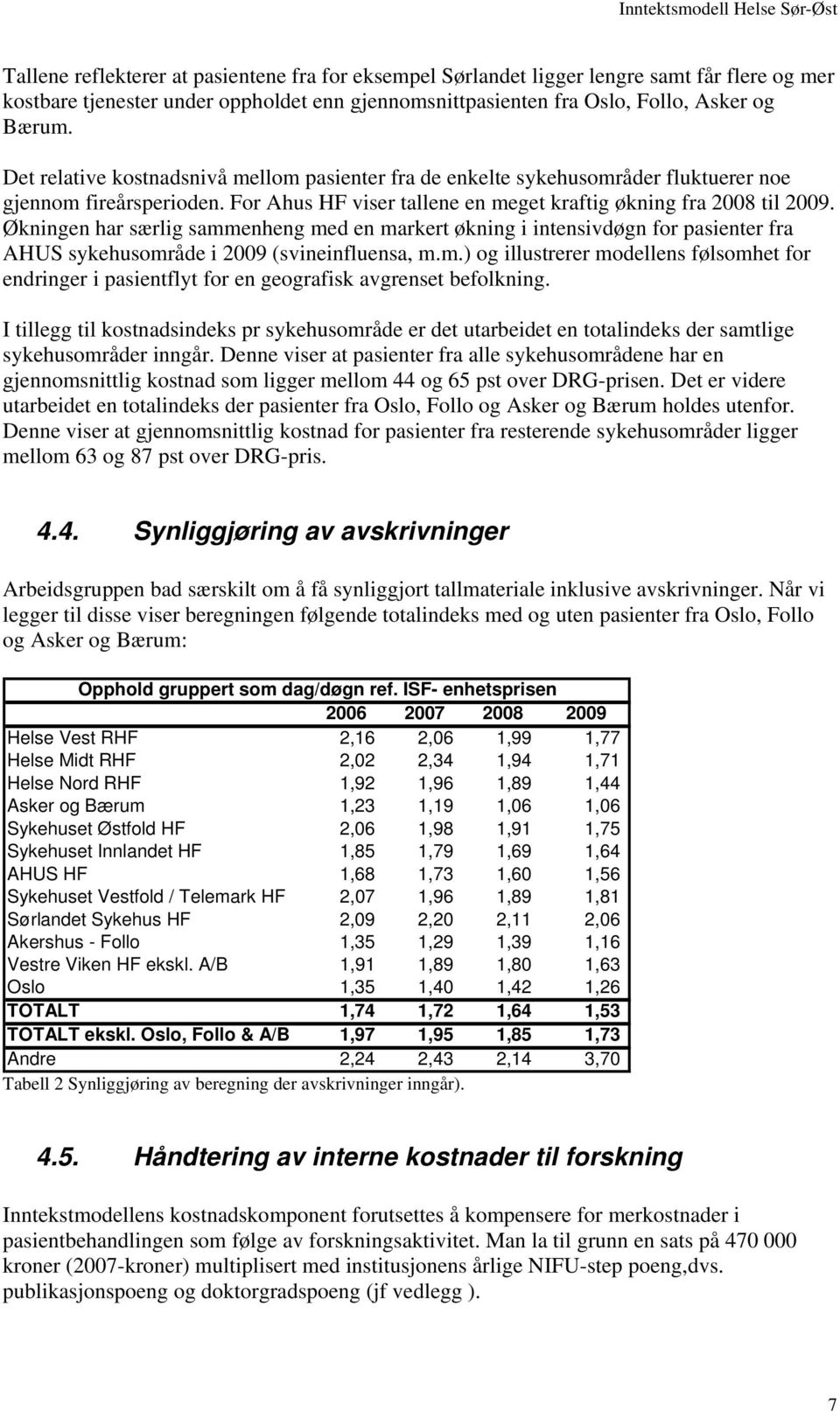 Økningen har særlig sammenheng med en markert økning i intensivdøgn for pasienter fra AHUS sykehusområde i 2009 (svineinfluensa, m.m.) og illustrerer modellens følsomhet for endringer i pasientflyt for en geografisk avgrenset befolkning.