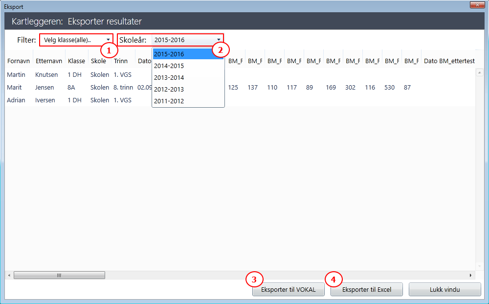 vises i utvalget (2). Det er derfor ikke mulig etterpå å justere glidepilene for å se et større utvalg av elever i denne klassen. Da må man lage et utvalg av elever fra starten av.