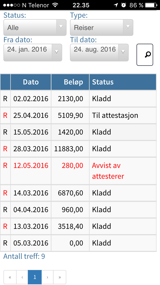 Mobil løysning Min oversikt på mobil På min oversikt i den mobile-løysninga kan du sjå kva du har registrert av reiserekningar i web-versjonen.