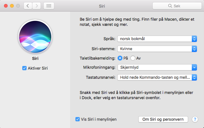 SIRI PÅ MAC Siri er Apple s taleassistent. Hun har nå blitt implementert i macos Sierra, og det finnes uendelig mange muligheter du kan bruke Siri på for å bli mer effektiv.