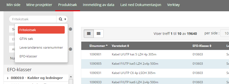 ELEKTROFORENINGEN 5 Figur 2.2: Fritekstsøk, med fire valgmuligheter. Ved å trykke på den lille pilen bak forstørrelsesglasset får du opp forskjellige måter å søke etter produkter i EFObasen.