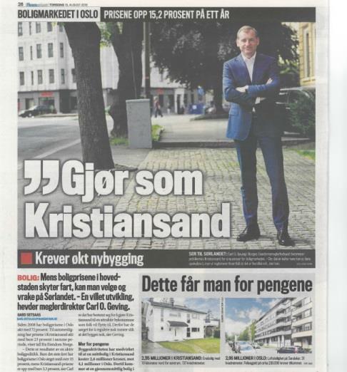 Makroforhold og rammevilkår Boligprisutvikling juni 2016 12 måneders vekst : Kristiansand + 2,7 % Stavanger - 7,3