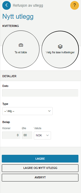 5.4 Spesifisere utlegg Alle utlegg må minimum spesifiseres med dato, utleggstype og beløp. Noen utleggstyper krever mer informasjon og du vil da få opp felter som må fylles ut. 1. 2. 3. 4. 5. 6. 7. 8.