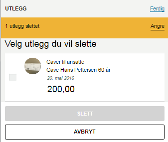 Selv om du sletter et utlegg vil ikke en tilhørende kvittering slettes før du sletter den fra løse kvitteringer, se 5.6.