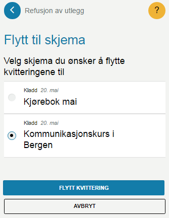 Trykk Flytt til skjema og velg riktig skjema. Velg Flytt kvittering for å flytte kvittering og komme tilbake til skjemaet. Du vil se en melding om at flytting har skjedd og mulighet for å angre.