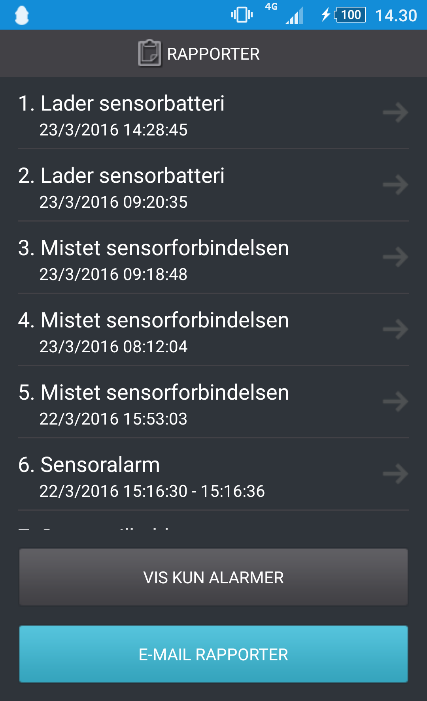 4.1.2 Rapporter Epimobile applikasjonen lagrer dato og klokkeslett for registrerte rapporter i en kronologisk liste (log). Nærmere beskrivelse av listens informasjon fins i kapittel 5.