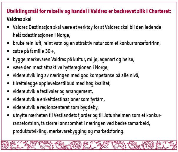 3.7 Innsatsområde: Reiseliv Mål slik det er formulert i langtidsprogrammet etter evalueringen i 2009: Valdres Destinasjon (VD) skal være et verktøy for at Valdres skal bli Norges ledende