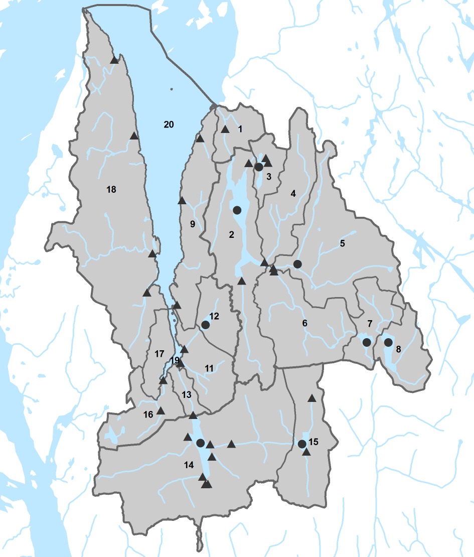 Figur 4. Prøvetakingsstasjoner i vannområde PURA. Inndeling i vassdragene Gjersjøvassdraget, Årungenvassdraget og Bunnefjorden, og inndeling i tiltaksområder.