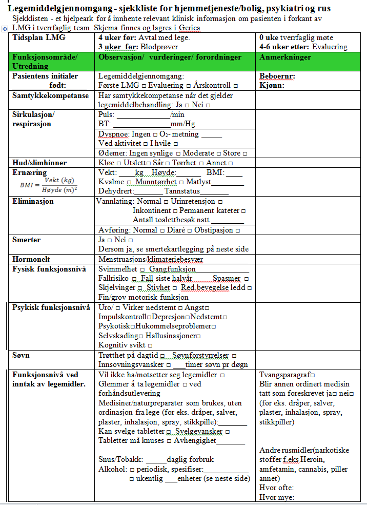 «Sjekklisten» Vi tilføyde spørsmål som: Er det fattet vedtak om Tvangsmedisinering etter LPH?
