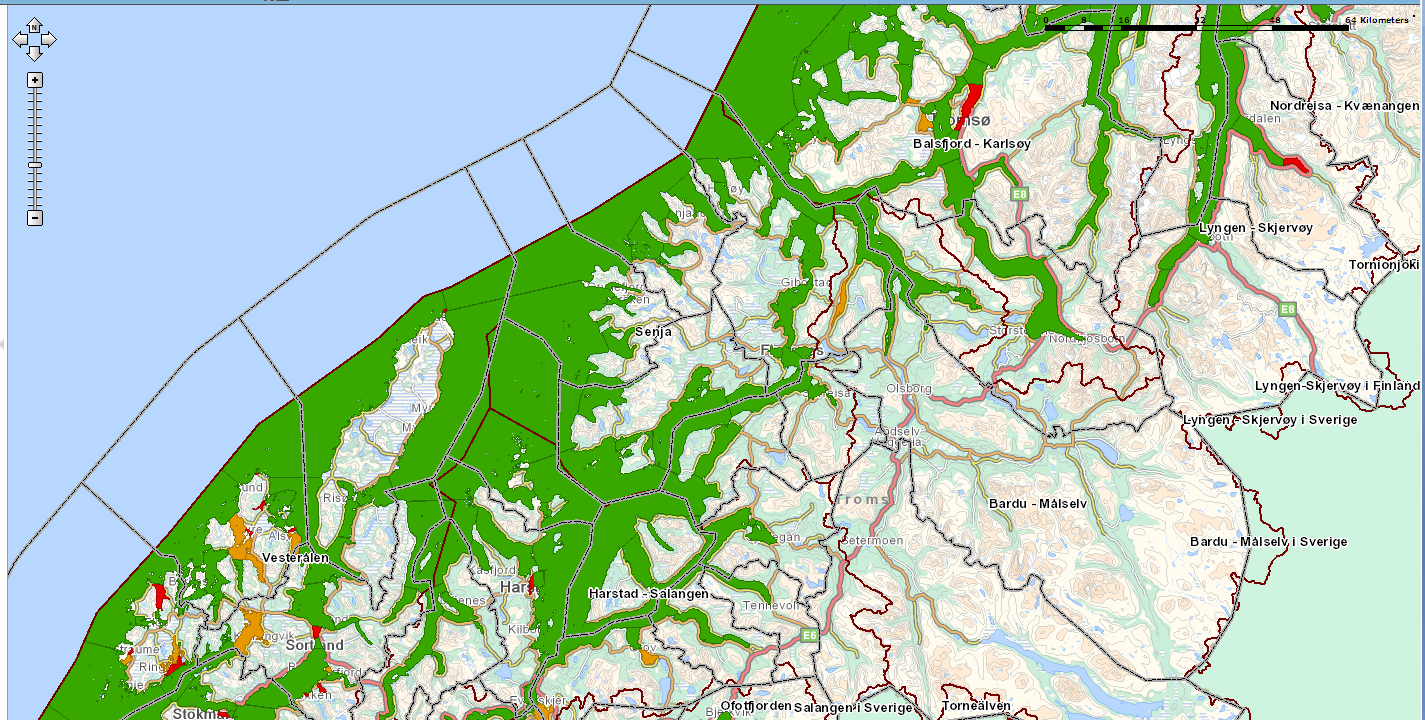 Elver og innsjøvannforekomster Figur 30. Kartet viser risikovurdering av elver og innsjøer i vannområde Senja. Rød farge - risiko, gul farge mulig risiko, grønn farge ingen risiko.