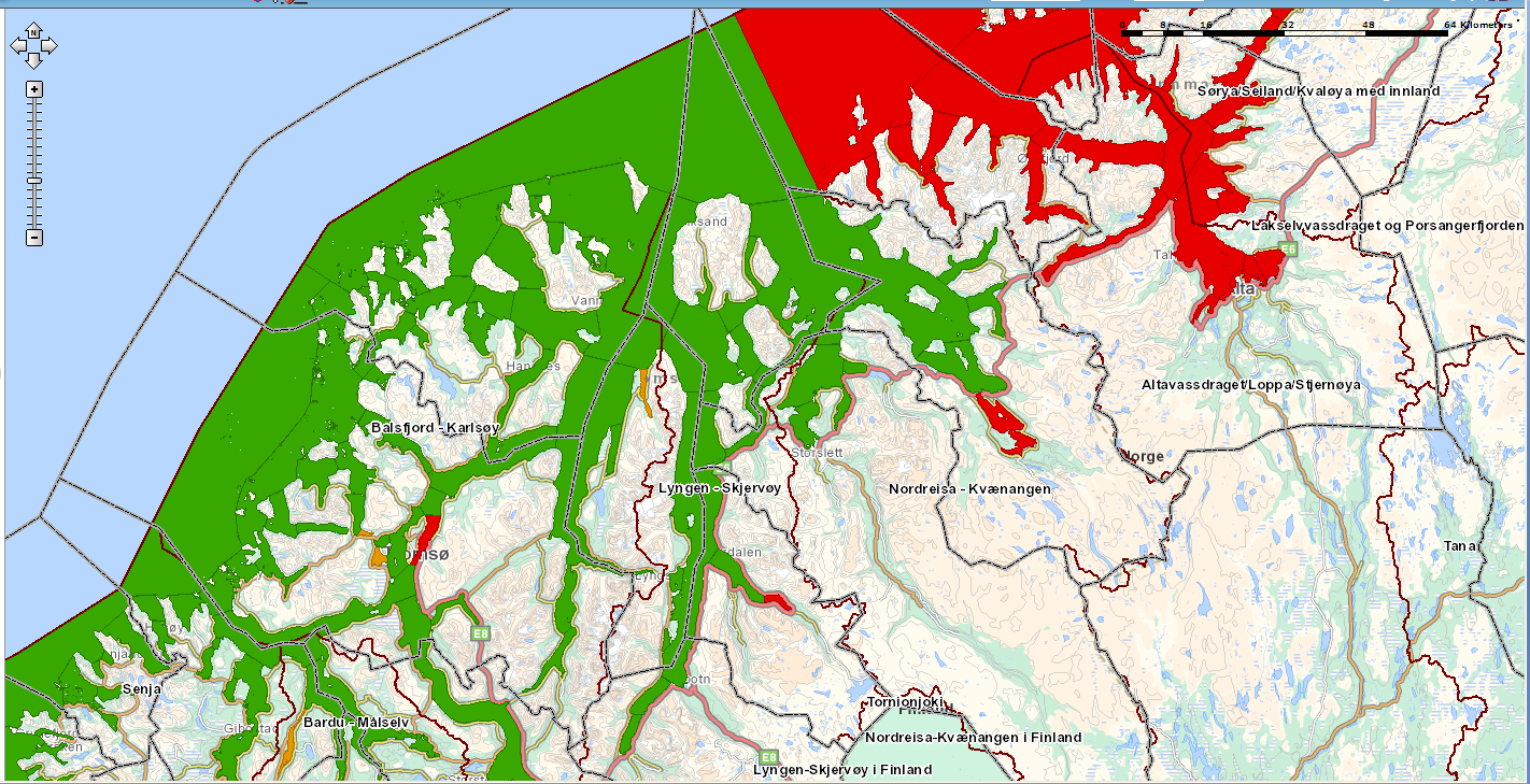 Elver og innsjøvannforekomster Figur 36. Kartet viser risikovurdering av elver og innsjøer i vannområde Lyngen Skjervøy. Rød farge - risiko, gul farge mulig risiko, grønn farge ingen risiko.