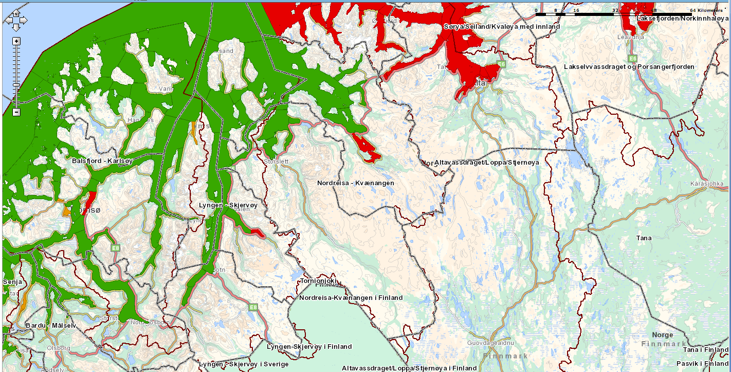 Elver og innsjøvannforekomster Figur 42. Kartet viser risikovurdering av elver og innsjøer i vannområde Nordreisa Kvænangen. Rød farge - risiko, gul farge mulig risiko, grønn farge ingen risiko.