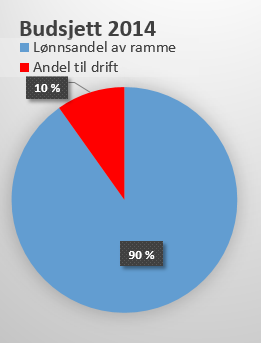 Budsjett 2014 Følgende grafiske framstilling illustrerer utvikling av lønnsandeler fra 2012 til 2014: Budsjett 2012 Lønnsandel av ramme Andel til drift 12 88 Regnskap 2012 Lønnsandel Andel til drift