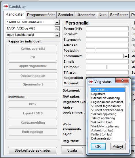 U tvalg - filtrere på kandidaters status Utvalg Det trengs med jevne mellomrom en sjekk på om kandidater er glemt eller mangler oppfølging Bruk knappen Utvalg Husk å sette Utvalg tilbake til Vis alle.