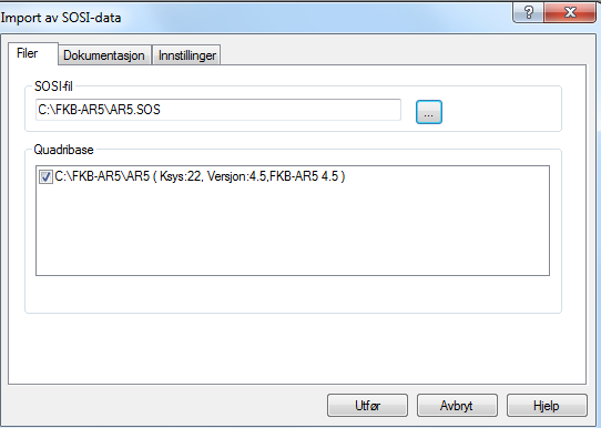 Importer deretter AR5 fra SOSI-fil til den nye og tomme