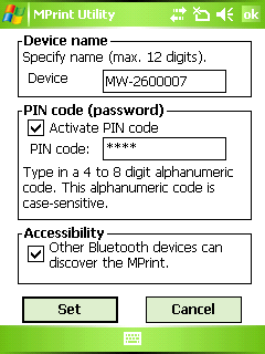 Endre skriverinnstillinger Bluetooth (2) Enhetsnavnet og PIN-koden (eller passordet) kan endres. Enhetsnavnet kan være et navn som inneholder 1-12 alfanumeriske tegn.