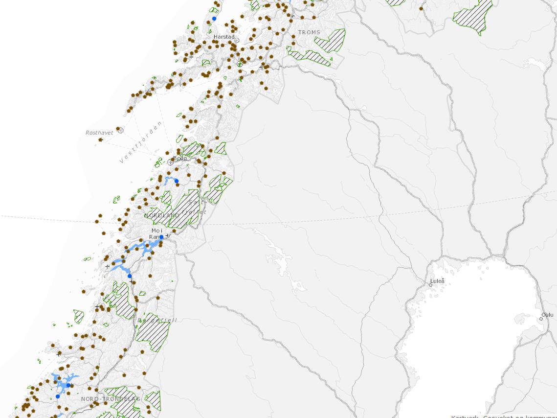 Kart 6 er en skjermdump fra Miljødirektoratets register over beskyttede områder. Kart 6. Områder i Nordland som inngår i register over beskyttede områder. Kilde: Miljødirektoratet.