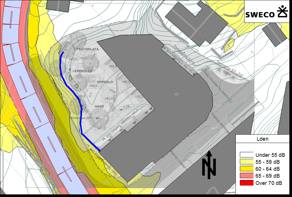 Figur 1. Støynivå, Lden, 1,5 m over terreng, utan støyskjerming. 1,8 m høg over +41 m kotelinje 1,5 m høg over parkering Figur 2.