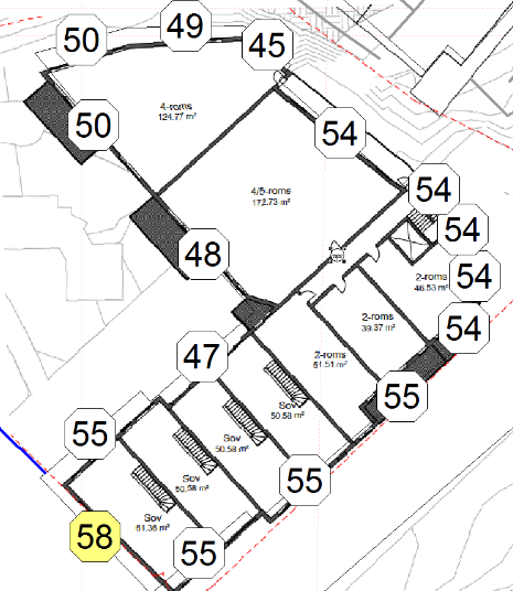 Figur 3. Støynivå, Lden db, ved fasade, plan 2. Figur 4.Støynivå, Lden db, ved fasade, plan 3. Figur 5.Støynivå, Lden db, ved fasade, plan 4. 5.3 Innandørs støynivå Innandørs støynivå vil vere tilfredsstillande med standard konstruksjonar.