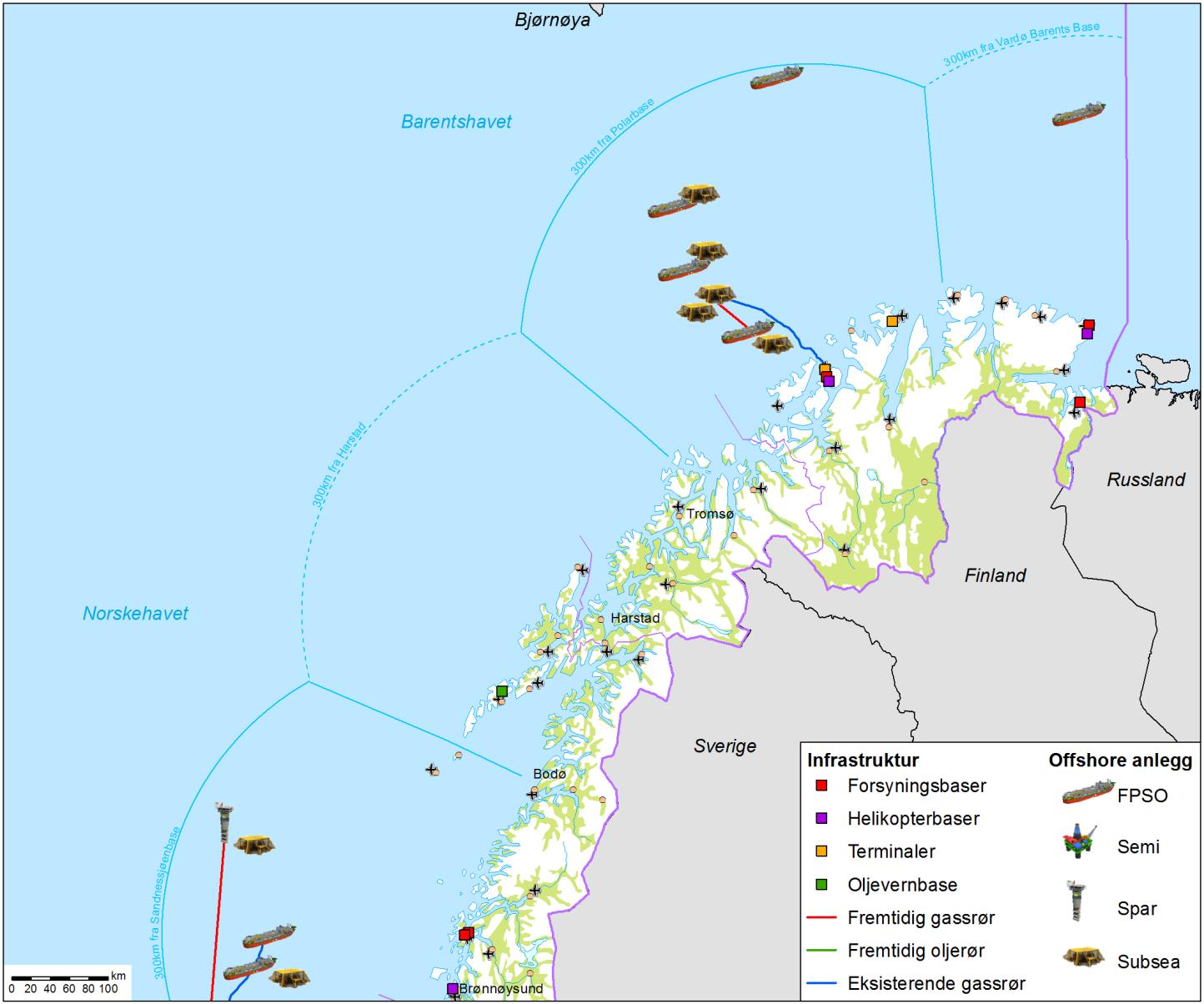 Feltsenteroversikt Nord-Norge 2030 basisscenario - 9 felt i drift Oljen kan komme på land i Finnmark Kartet viser basisscenarioet basert på følgende antagelser: Relativt sikkert Aasta Hansteen,