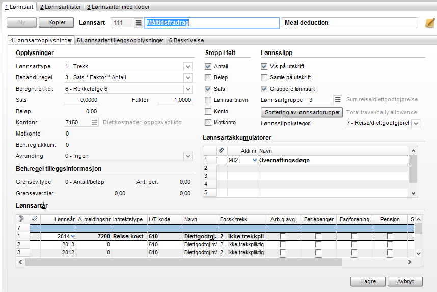 I tillegg kan det være lurt å opprette en lønnsart for "Måltidsfradrag", slik at man slipper å trekke ut dette manuelt.