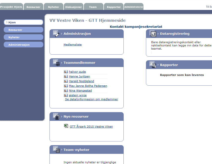 Teamet egen hjemmeside Slik ser hjemmesiden