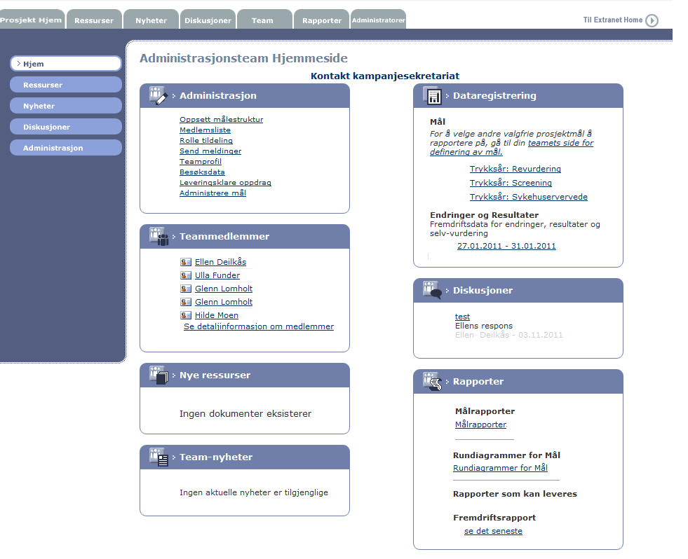 Valg av mål Oversikt medlemmer i teamet Tildeling av roller Roller gis av den som er registrert som Hovedkontakt Send meldinger til de andre