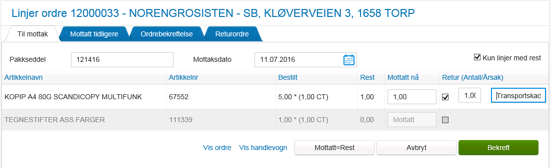 Hvis ordren er fullstendig levert, vil statusen på ordren automatisk endres til «Fakturakontroll» og du vil ikke lenger få den opp i varemottakslisten.