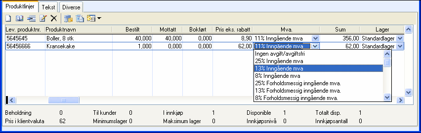 NYTTIG Å VITE 4.2 Oppdatere ordrelinjer på innkjøp Dersom du fikk levert produkter fra et innkjøp før nyttår skal du ha fått beregnet gammel mva.