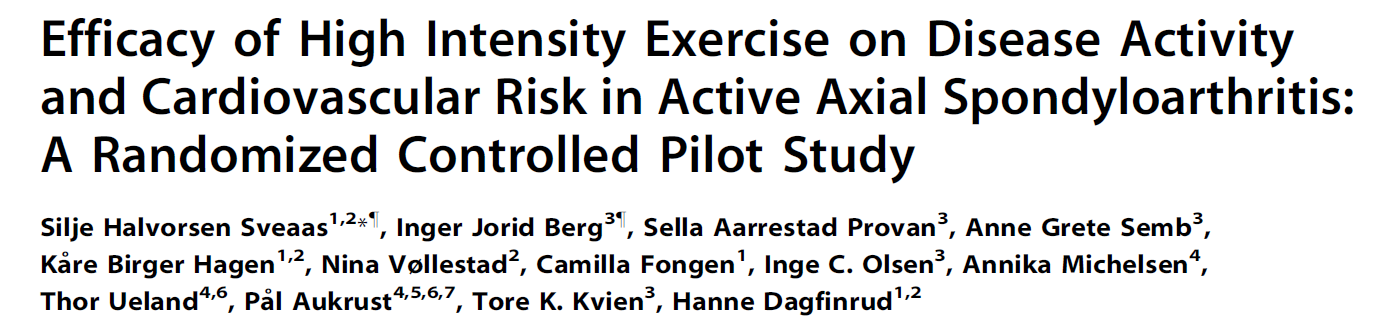 RCT 28 patients with axial SpA with moderate or high disease activity 12 weeks of High Intensity Interval Training (90-95% of HR max ) walking or running on treadmill and strength training x 2 per