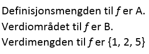 Mengden A kalles for funksjonens definisjonsmengde (eng: domain) og mengden B kalles funksjonens verdiområde (eng: codomain).