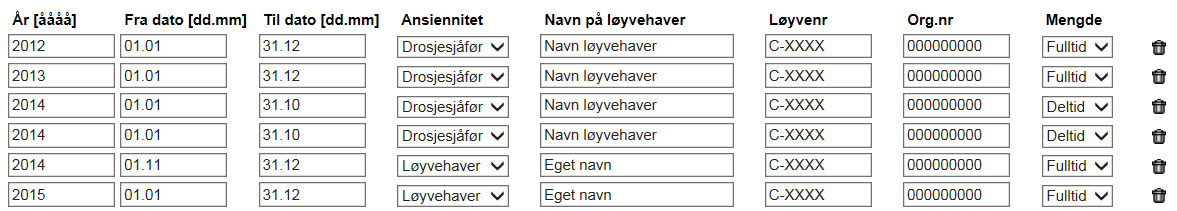 Hvis du var både drosjesjåfør og løyvehaver i samme år må du registrere dette ved å legge inn perioden du var