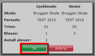 En får ingen melding om at eleven er flyttet opp. For å se hvilke elever som har blitt flyttet opp, søk opp elevene i Skoleskyss > Admininstrer elevsøknader Elever i 1.