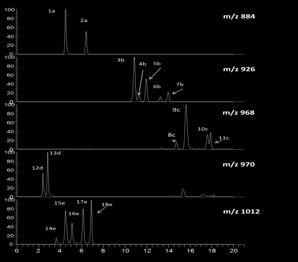Resultater og diskusjon 4.3.2 Oversikt over observerte strukturanalog Figur 4.9 er viser ionekromatogram av SGA MW 883, 925, 967, 969 og 1011. For hver av SGA ble det observert flere analoger.