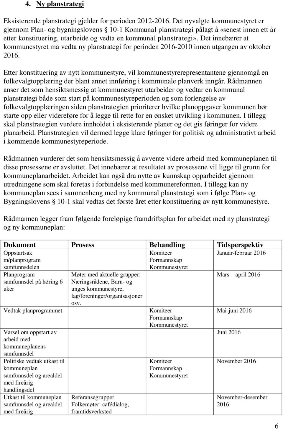 Det innebærer at kommunestyret må vedta ny planstrategi for perioden 2016-2010 innen utgangen av oktober 2016.