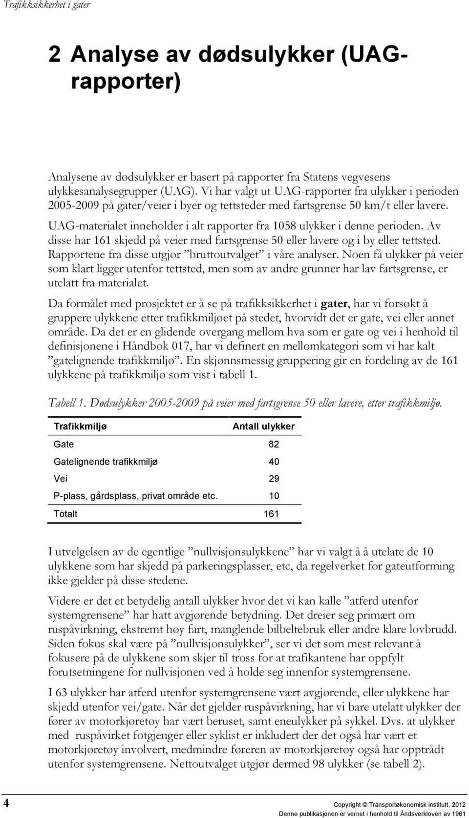 UAG-materialet inneholder i alt rapporter fra 1058 ulykker i denne perioden. Av disse har 161 skjedd på veier med fartsgrense 50 eller lavere og i by eller tettsted.