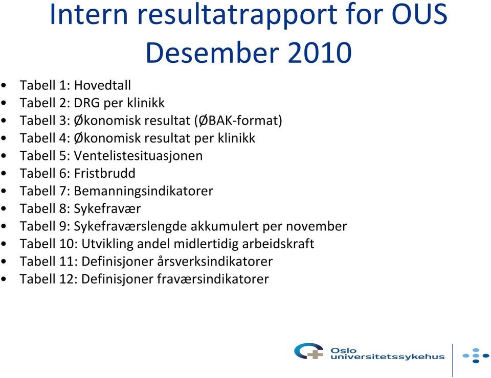 Tabell 7: Bemanningsindikatorer Tabell 8: Sykefravær Tabell 9: Sykefraværslengde akkumulert per november Tabell 10: