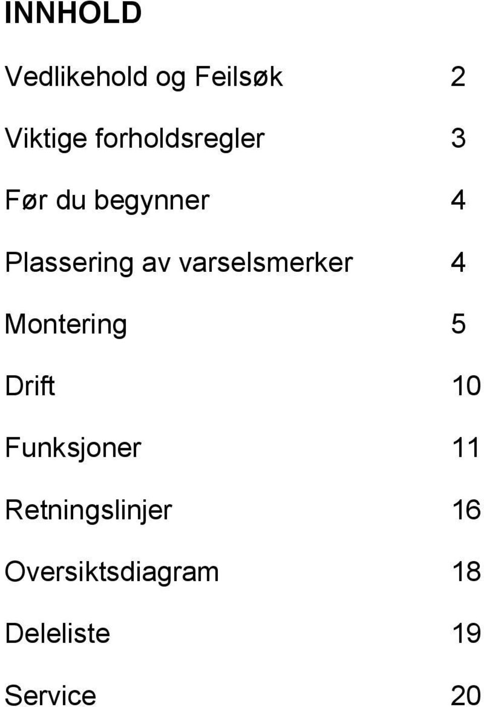 varselsmerker 4 Montering 5 Drift 10 Funksjoner 11