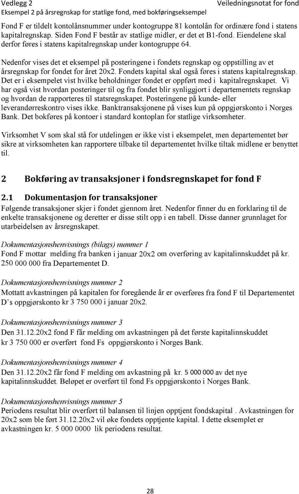 Nedenfor vises det et eksempel på posteringene i fondets regnskap og oppstilling av et årsregnskap for fondet for året 20x2. Fondets kapital skal også føres i statens kapitalregnskap.