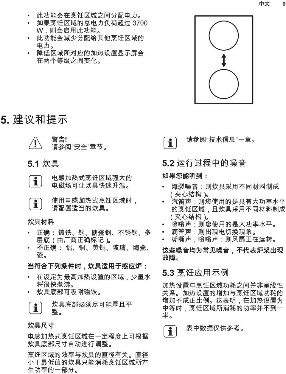 请 参 阅 安 全 章 节 电 感 加 热 式 烹 饪 区 域 强 大 的 电 磁 场 可 让 炊 具 快 速 升 温 使 用 电 感 加 热 式 烹 饪 区 域 时, 请 配 置 适 当 的 炊 具 正 确 : 铸 铁 钢 搪 瓷 钢 不 锈 钢 多 层 底 ( 由 厂 商 正 确 标 记 ) 不 正 确 : 铝 铜 黄 铜 玻 璃 陶 瓷 瓷 当 符 合 下 列 条 件 时, 炊 具 适 用