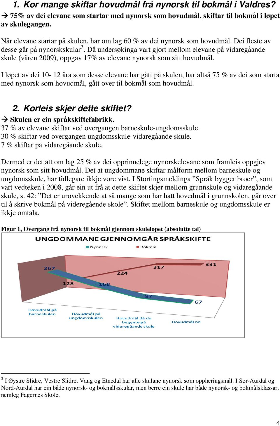 Då undersøkinga vart gjort mellom elevane på vidaregåande skule (våren 2009), oppgav 17% av elevane nynorsk som sitt hovudmål.